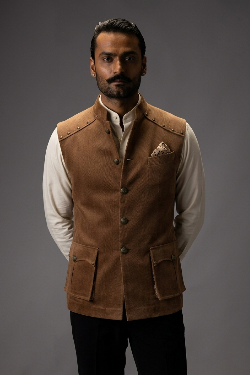 Leather Brown Nehru Jacket