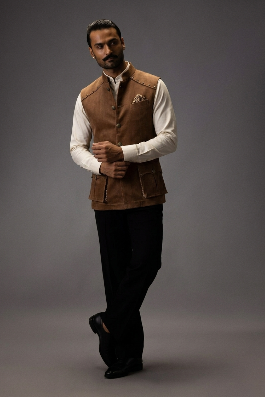 Leather Brown Nehru Jacket