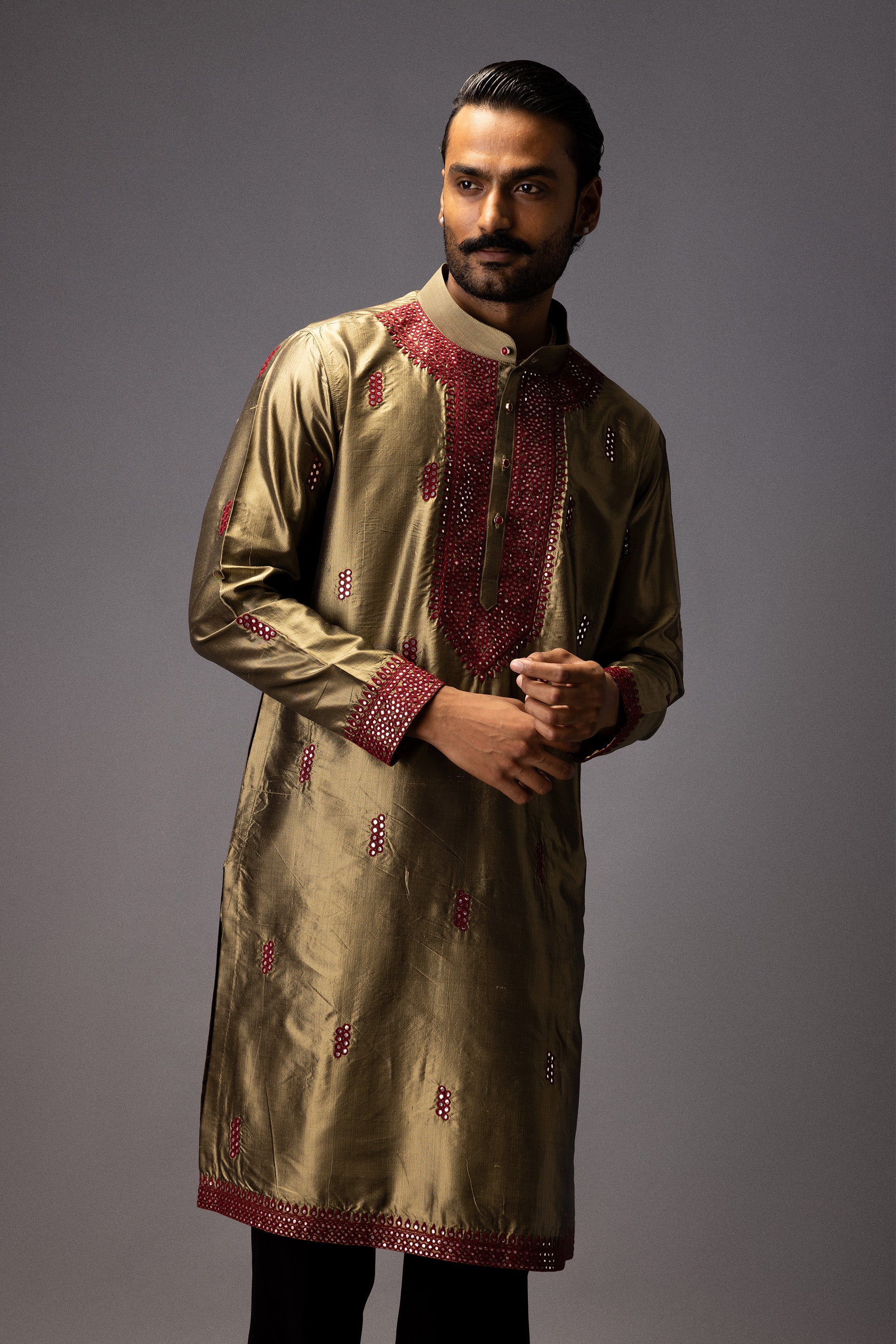 OLIVE GRANDEUR SILK KURTA