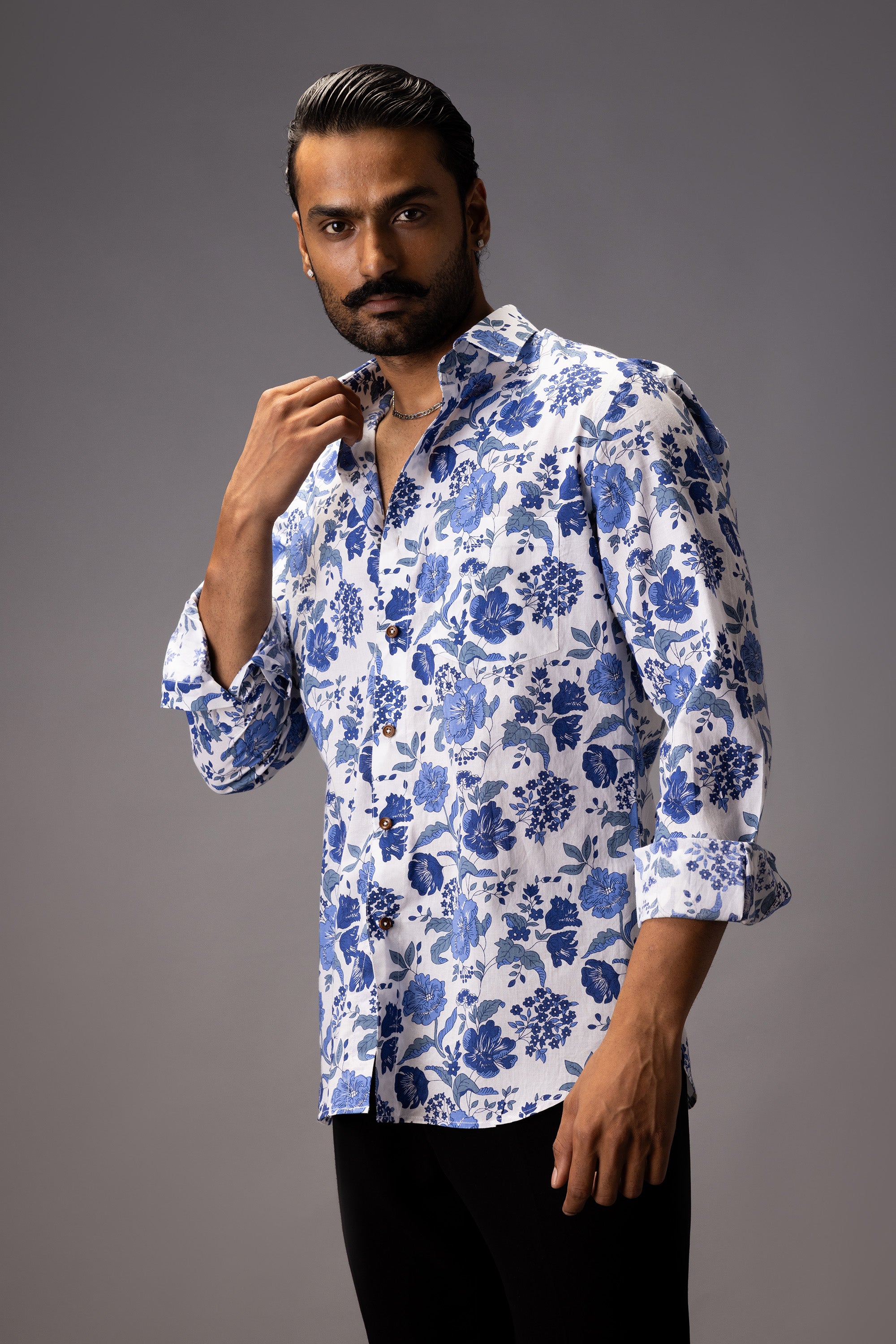 BLUE BLOOMS COTTON PRINTED SHIRT